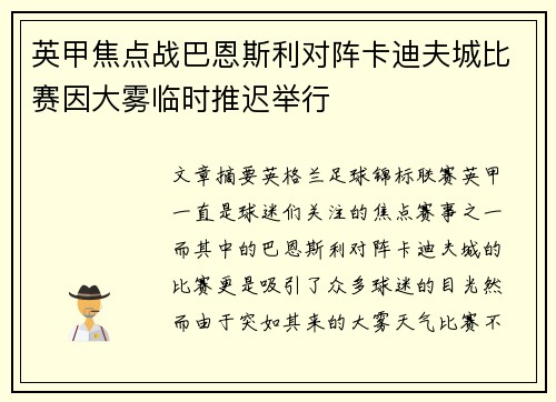 英甲焦点战巴恩斯利对阵卡迪夫城比赛因大雾临时推迟举行